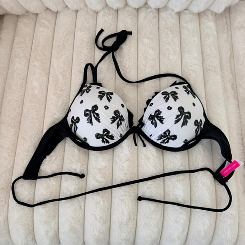 Victoria's Secret Bikini Set Embellished Bows Padded 36B Bottoms Large Women - Picture 7 of 12